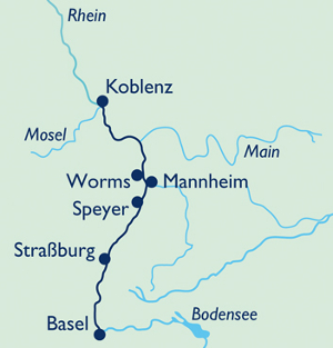 Die Route: Von Koblenz nach Basel und zurueck.